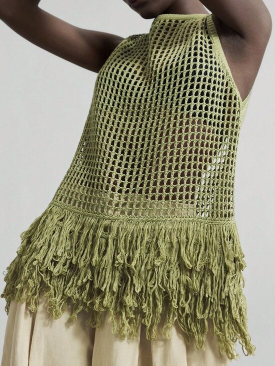 Tops - Green Boho Women's Sleeveless Knit Vest, Fringe Hem V‑Neck Pullover